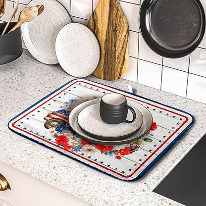 American Flag Dish Drainer Mat Flowers Absorbent Dish Rack Pad for Kitchen Coffee Bar Sinks - Image 5