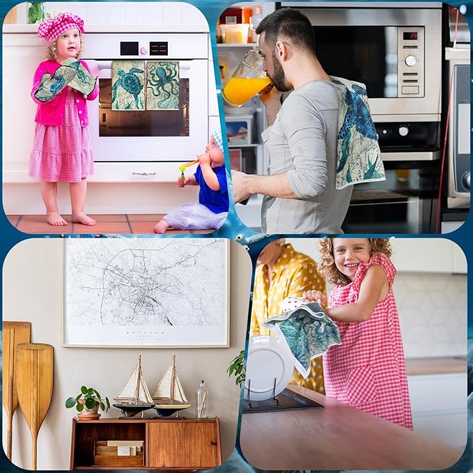 6 Pcs Sea Ocean Beach Kitchen Towels Pot Holders and Oven Mitts Set Coastal Dish Towel Ocean Animal Oven Gloves Heat Resistant Potholders for Kitchen Summer Cooking Gift - Image 5