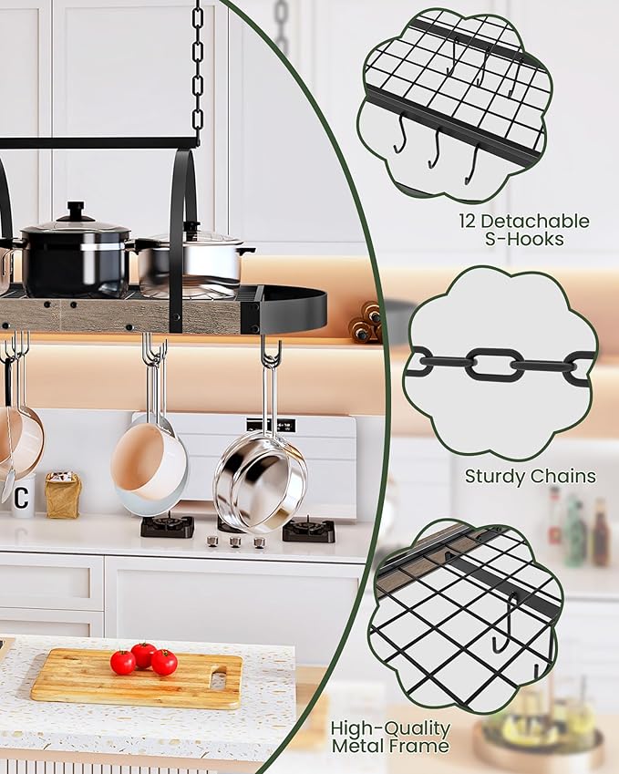 CHOEZON Hanging Pot Rack, Pot Hanger for Kitchen, Ceiling Mounted Pot Holder, Cookware Organizer with 12 S-Shaped Hooks, for Pot, Pan Storage, Space-Saving, Greige and Black TPR08BGC1 - Image 5