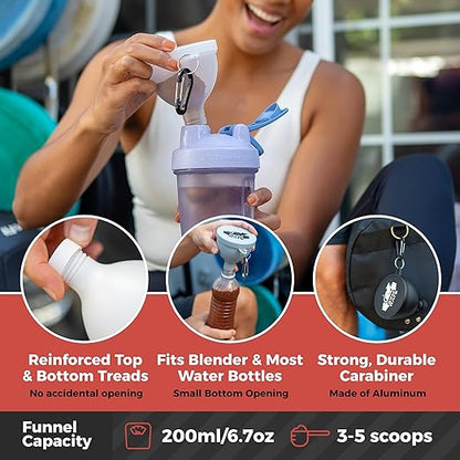 Protein Powder Funnel Set - Travel Protein Powder Container to Go with Carabiner & Reinforced Caps to Stop Spills - Protein & Pre Workout Powder Supplement Funnel for Bottles & Shakers - 4 Pack - Image 3