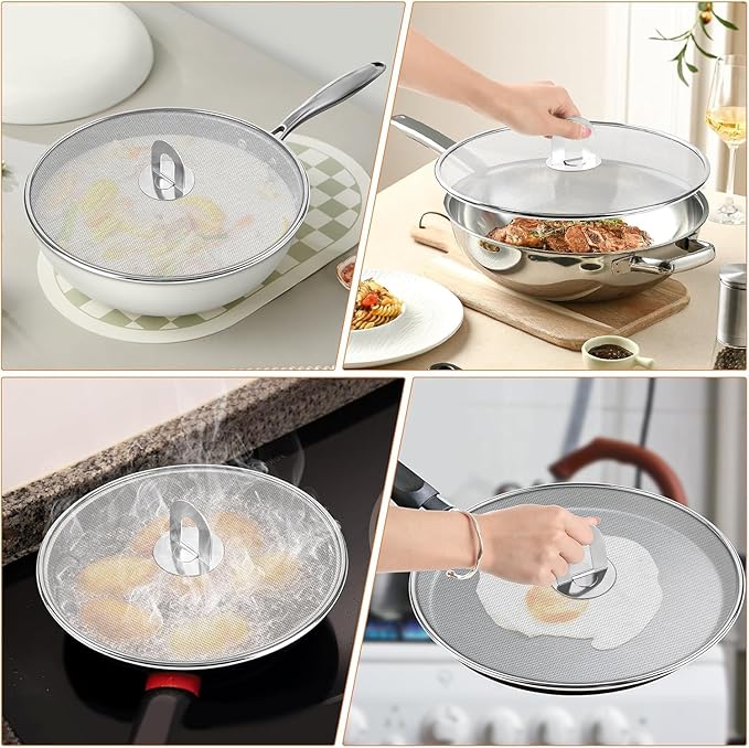 Splatter Screen for Cooking - Stainless Steel Grease Splatter Guard for Frying Pan with Foldable Knob, As a Strainer Set of 3(10", 11.5", 13"), Dishwasher Safe - Image 6