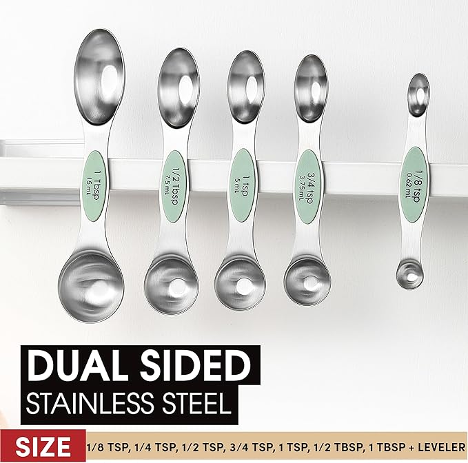 Spring Chef Stainless Steel Magnetic Measuring Spoons Set of 8 with Leveler, Dual Sided Teaspoon & Tablespoon Set, Nesting Metal Kitchen Gadgets for Baking & Cooking, Fits in Spice Jars - Pistachio - Image 3