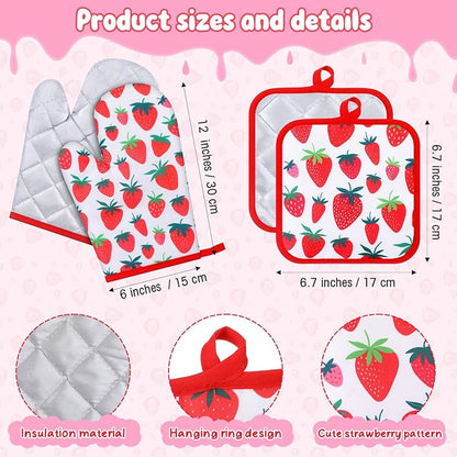 4 Pcs Oven Mitts and Pot Holders Cute Strawberry Oven Gloves and Pot Holders Non Slip Heat Resistant Ovens Mitts for Cooking Baking Accessories Fruit Themed Kitchen Linens, 6"x12" - Image 2