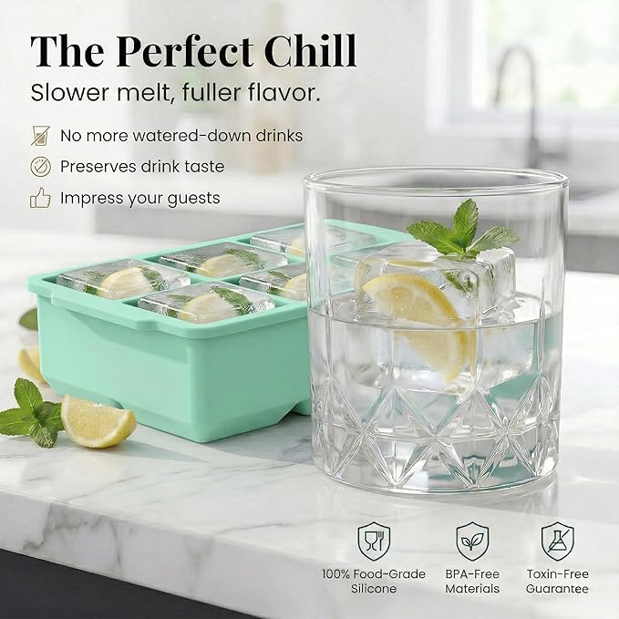 KitchFort Large Silicone Ice Cube Tray (3-Pack), Easy Release 2" Big Ice Cubes - Cocktail, Whiskey Ice Cubes Mold - Ice Trays for Freezer with Lid - Stackable Silicone Ice Tray - Green - Image 5