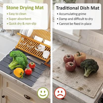 Large Stone Dish Drying Mat for Kitchen Counter, 24"(L)×16"(W), Collapsible Quick Dry Stone Dish Mats, Super Absorbent Diatomaceous Earth Drying Pad for Dishes Bottles Cups, Countertops (Marble) - Image 6