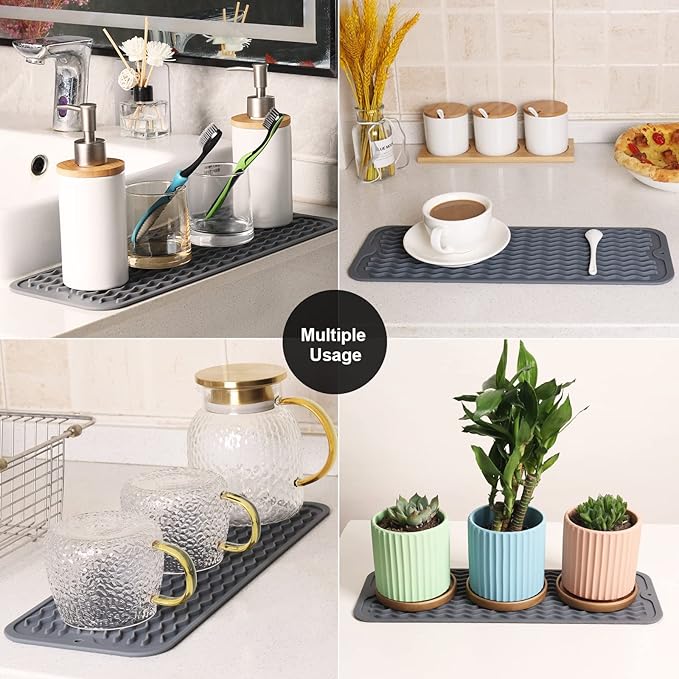 ZLR 2 Pcs Silicone Sponge Holder & Sink Caddy Tray (6" x 17") - Narrow Dish Drying Mat for Kitchen Counter - Waterproof Soap Dispenser Organizer, Non-Slip Bathroom Vanity Tray (Dark Gray) - Image 7