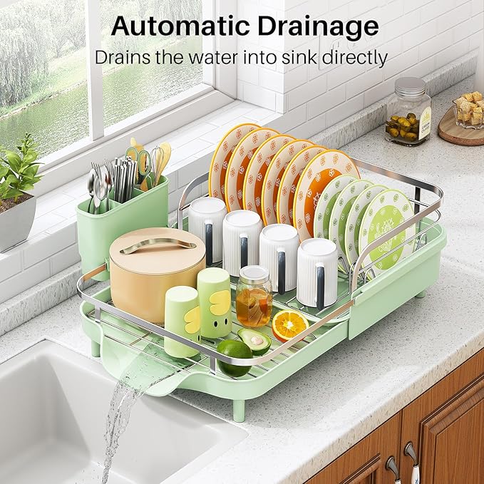 SAYZH Dish Drying Rack - Expandable Dish Rack for Kitchen Counter, Rust-Resistant Dish Drainer with Utensil Holder and Raised Guardrail, Kitchen Organizer for Cup and Bottle (Green) - Image 5