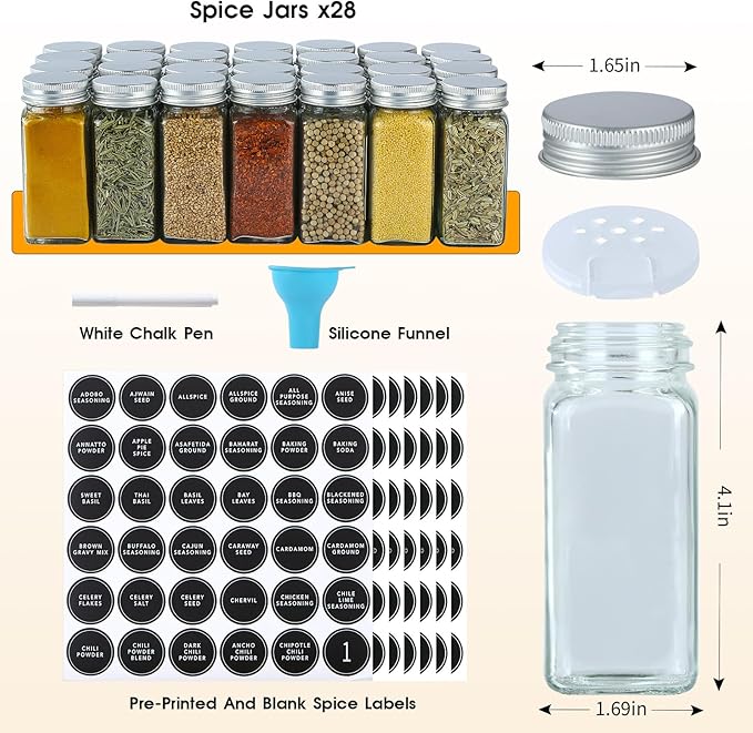 Skiileor Spice Rack Organizer with 28 Empty Spice Jars,Spice Labels,Chalk pen and Funnel Complete Set,Space-Saving for Countertop, Cabinet or Wall Mount - Image 3
