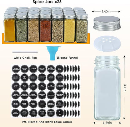 Skiileor Spice Rack Organizer with 28 Empty Spice Jars,Spice Labels,Chalk pen and Funnel Complete Set,Space-Saving for Countertop, Cabinet or Wall Mount - Image 3