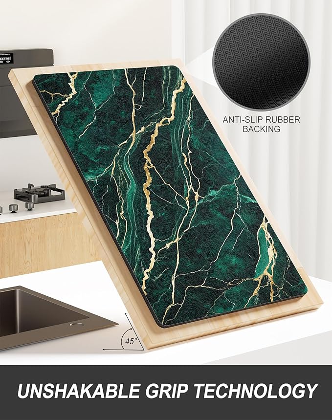 Rnivvi Dish Drying Mat for Kitchen Counter, XL 15 x 24" Cute Marble Absorbent Draining Pad, Non-Slip Heat Resistant Coffee Bar Mats for Coffee Machine Station Accessories, Green Gold Dish Rack Pad - Image 5