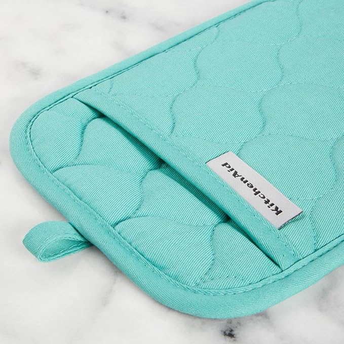 KITCHENAID Quilted Cotton Terry Cloth Oven Mitt, Pot Holder, Kitchen Towel 4-Pack Set, Heat Resistant, Silicone Grip, 16"x26", 7"x13" & 7"x10", Aqua Sky - Image 5