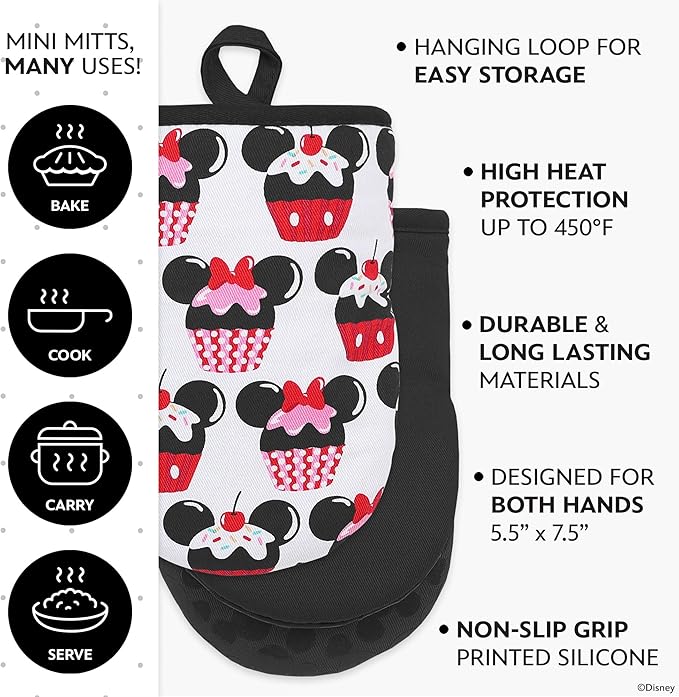 Disney Oven Mitts 2-Pack - 5.5” x 7.5” Heat-Resistant Mini Oven Mitts with Non-Slip Printed Silicone Disney Silhouettes - Pot Holders for Kitchen - Mickey & Minnie, Stitch, Winnie the Pooh
