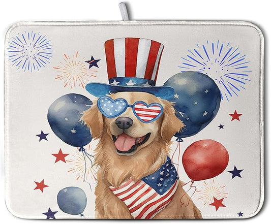 4th of July Patriotic Dog Dish Drying Mat 18 x 24 Inch US Independence Day Blue White Red Kitchen Drying Mat Firework Holiday Dish Drainer Mats Super Absorbent Dish Rack Pad for Kitchen Counter by Kwlegh
