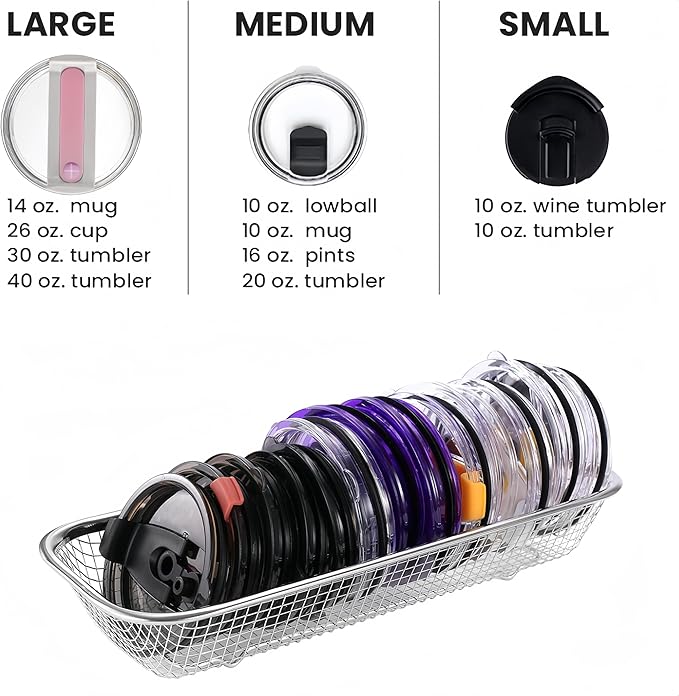 2Pack Stainless Steel Tumbler Cup Lid Organizer Inside Cabinet, Mason Jar Lid Holder, Rectangular Basket for Storage of Silverware, Chopsticks, straws and Utensils - Image 3