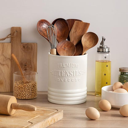 LOVECASA Vintage Utensil Holder for Kitchen Countertop, 7.2” Large Ceramic Utensil Crock for Home Décor, Farmhouse Utensil Vase for Housewarming, Wedding, Birthday Gift - Cream White - Image 2