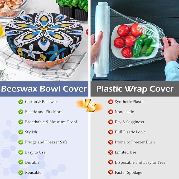 5-Size Reusable Beeswax Bowl Covers for Bread Proofing, Cotton Cloth Flexible Beeswax Wraps for Food Storage(Moroccan Style) - Image 7