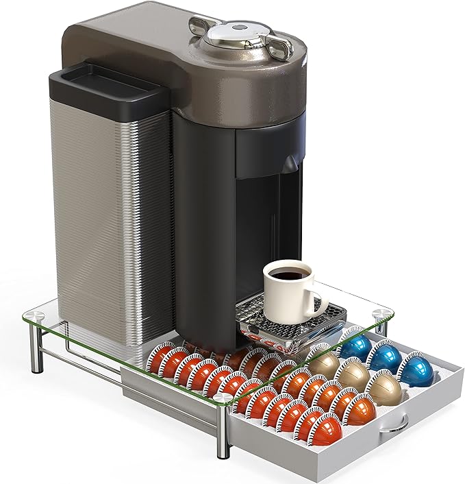 DecoBrothers Crystal Tempered Glass Vertuo Pod Holder Drawer, 24 Large or 48 Small Nespresso Capsule Organizer, White - Image 6