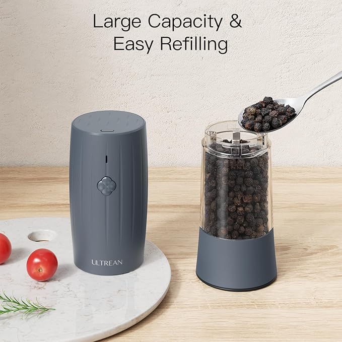 Ultrean Pepper Grinder, Electric Salt and Pepper Grinder Set with USB-C Rechargeable, Spice Mill, 6 Adjustable Coarseness, LED Light, Larger Capacity, Gift for Women Mom, Blue-Grey