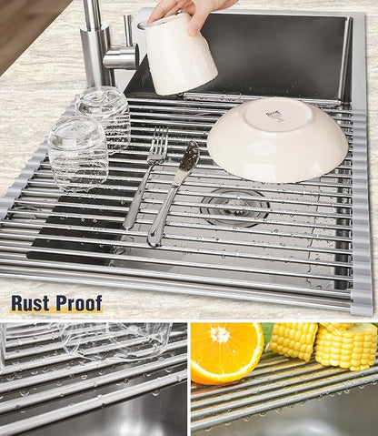 Tomorotec 21" x 15.5" Roll Up Dish Drying Rack Over Sink Drying Rack Sink Cover Kitchen Sink Accessories Gadget Multipurpose Organizer Foldable Stainless Steel Drainer - Image 2