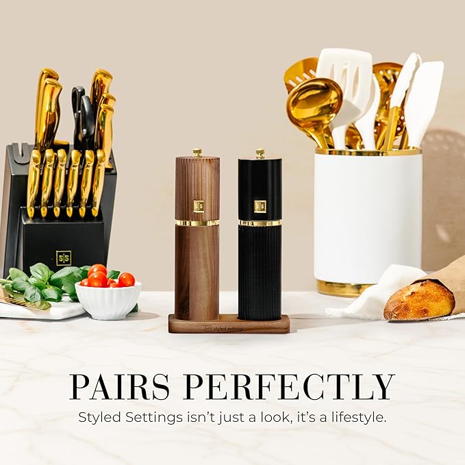 Wooden Salt and Pepper Grinder Set – Refillable Manual Salt and Pepper Mills with Adjustable Ceramic Burrs, Gold Detailing, and Wood Stand – Black and Dark Wood - Image 8