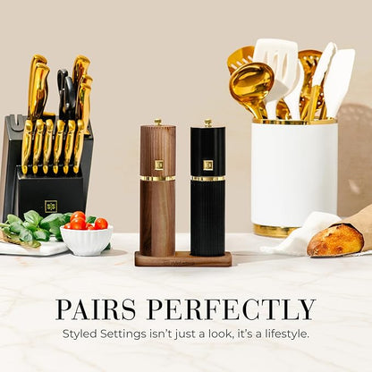 Wooden Salt and Pepper Grinder Set – Refillable Manual Salt and Pepper Mills with Adjustable Ceramic Burrs, Gold Detailing, and Wood Stand – Black and Dark Wood - Image 8