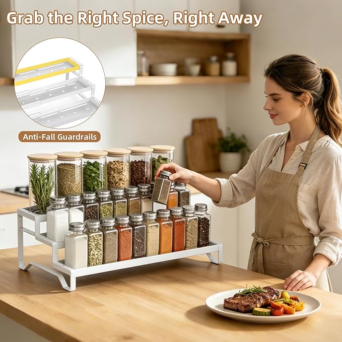SANKEU Expandable Spice Rack Organizer for Cabinet 3 Tiered Metal Seasoning Organization with Guardrails Spice Shelf Storage for Jars Adjustable Length 13"-21" White 1Pack - Image 3