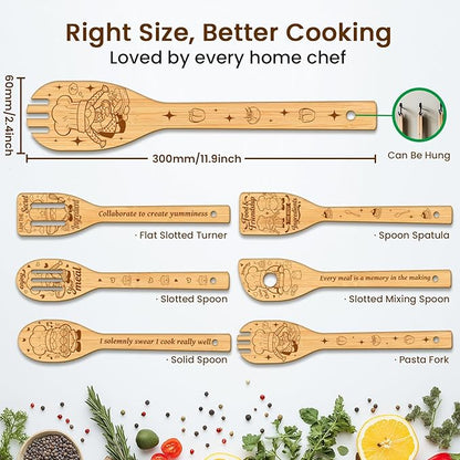 CUTHOLLOW 6PCS Chef Gnome Wooden Kitchen Cooking Utensil Set, 11.9in Non Toxic Bamboo Wood Spoon Set for Cooking, Best Housewarming Birthday Thanksgiving Christmas Gift for Women Mother