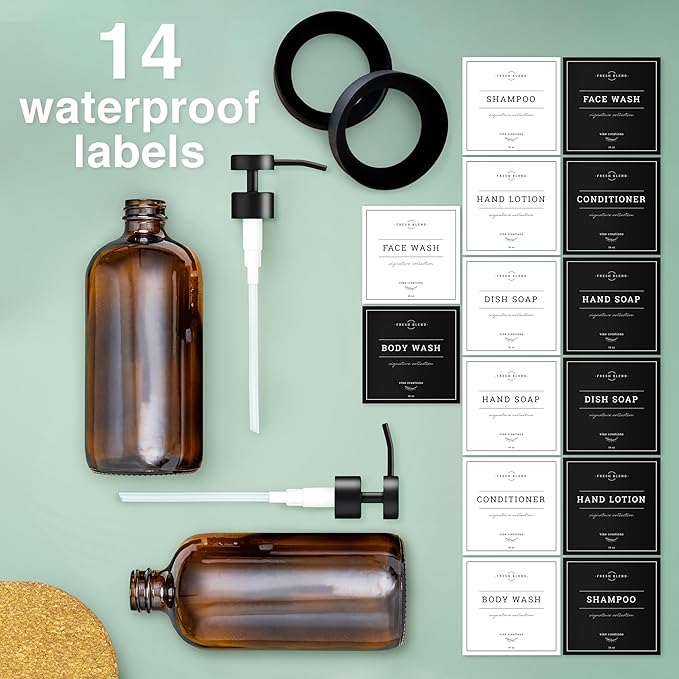 Vine Creations Amber Glass Soap Dispenser Set - Kitchen Soap Dispenser Set with Stainless Steel Pump - 16 oz Dish Soap and Hand Soap Dispensers for Bathroom with Silicone Pad & Waterproof Labels - Image 5