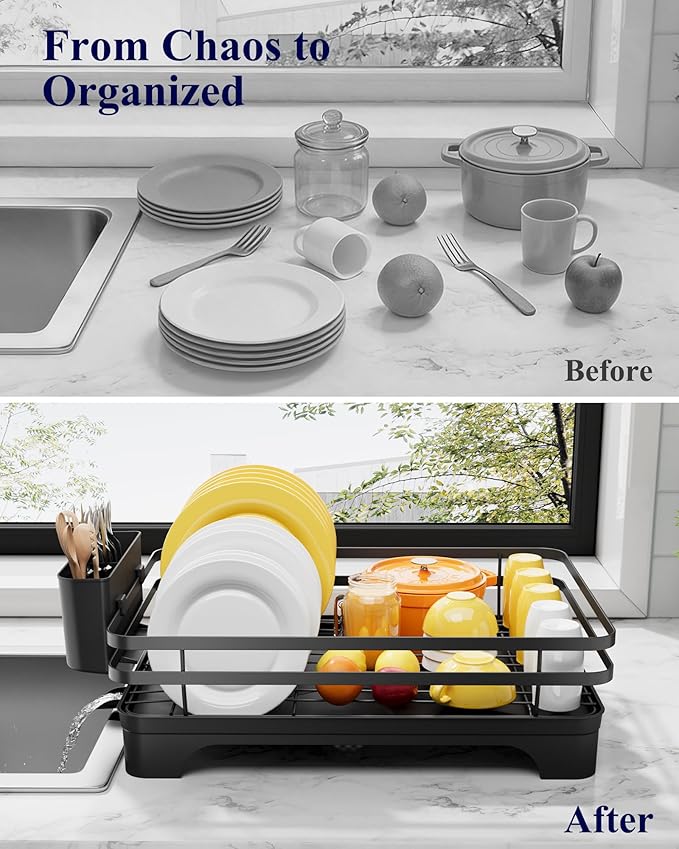 Kitsure Dish Drying Rack - Multi-Functional Dish Rack for Kitchen Counter with Cutlery Holder, Rust-Proof Storage Solution with Rotatable, 15.7" x 12.0" x 5.5", Black - Image 9