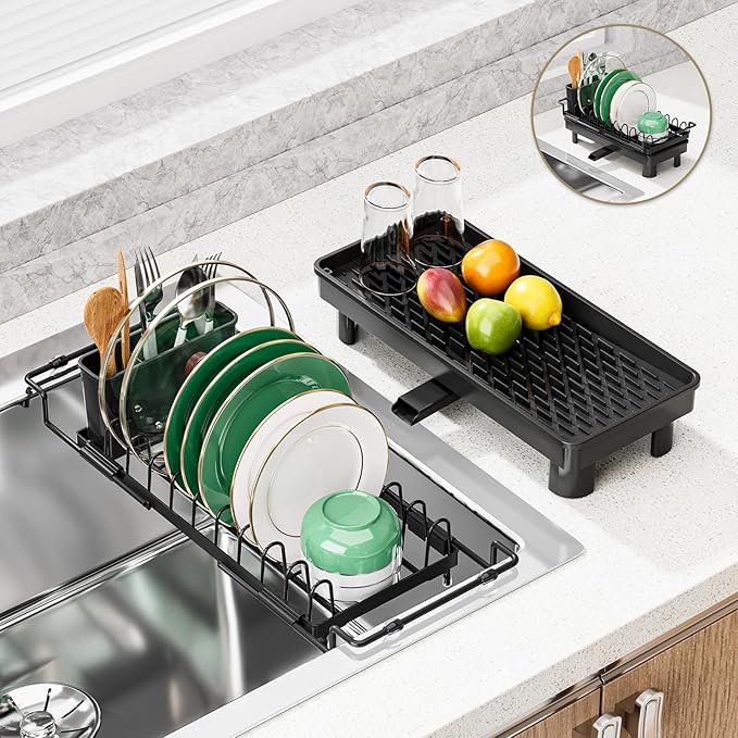 SanDream Dish Drying Rack, Small Over Sink Dish Drying Rack, Expandable Over the Sink Dish Drying Rack with Drip Tray for Kitchen Counter & in Sink by SanDream