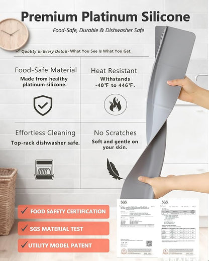 Kitchen Sink Splash Guard 18" 23" 30" Self-Draining Silicone Water Guard with High Splash Wall & Strong Suction Cups for Faucet, Countertop & Sink Edge, Keeps Sinks Dry, Dishwasher Safe, Gray