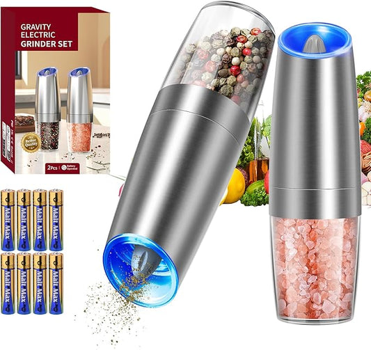 CIRCLE JOY Gravity Electric Salt and Pepper Grinder Set Stainless Steel Automatic Salt and Pepper Grinder Set, Battery Operated, LED Light, Adjustable Coarseness, for Home Kitchen BBQ, Silver by CIRCLEJOY