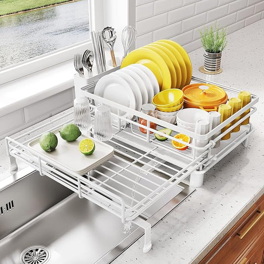 SNTD Dish Drying Rack - Extendable Dish Rack, Large Sink Drying Dish Drainer for Kitchen Counter, Stainless Steel Dish Strainer with Utensil Holder (White) by SNTD