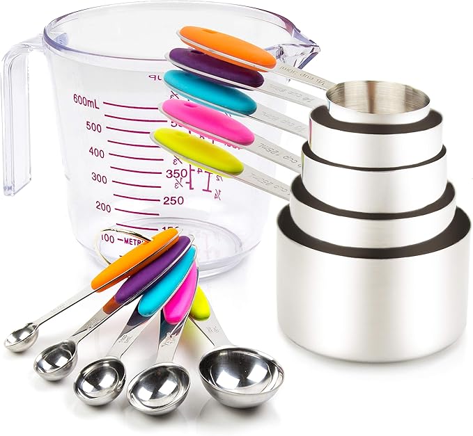 Measuring Cups and Spoons Set 11 Piece. Includes 10 Stainless Steel Measuring Spoons and Cups Set and 1 Plastic Measuring Cup. Liquid Measuring Cups Set and Dry Metal Measuring Cup Set by CONTROLKITCHEN