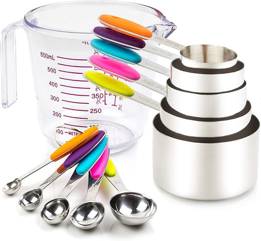 Measuring Cups and Spoons Set 11 Piece. Includes 10 Stainless Steel Measuring Spoons and Cups Set and 1 Plastic Measuring Cup. Liquid Measuring Cups Set and Dry Metal Measuring Cup Set by CONTROLKITCHEN