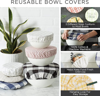 DII Reusable Cloth Bowl Cover Collection Machine Washable, Cotton with Elastic Stretch for Food Storage, 10.25"/8.25"/7.5" Diameter, Farmhouse Plaid, French Blue, 3 Piece