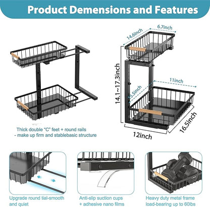 Liuoud Under Sink Organizer 2 Pack, 2 Tier Slide Out Large Capacity Height Adjustable Under Sink Organizers and Storage for Kitchen Bathroom Cabinet, Black