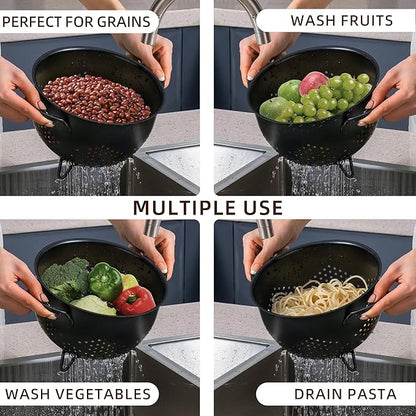 Metal Colander 5 Quart Powder Coated Self-draining Metal Strainer with Base,Kitchen Pasta Fruit Vegetable Basket with Double Handles (Light Black)