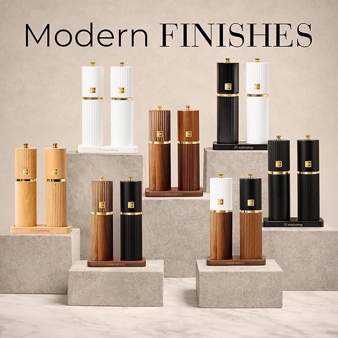 Wooden Salt and Pepper Grinder Set – Refillable Manual Salt and Pepper Mills with Adjustable Ceramic Burrs, Gold Detailing, and Wood Stand – White - Image 8
