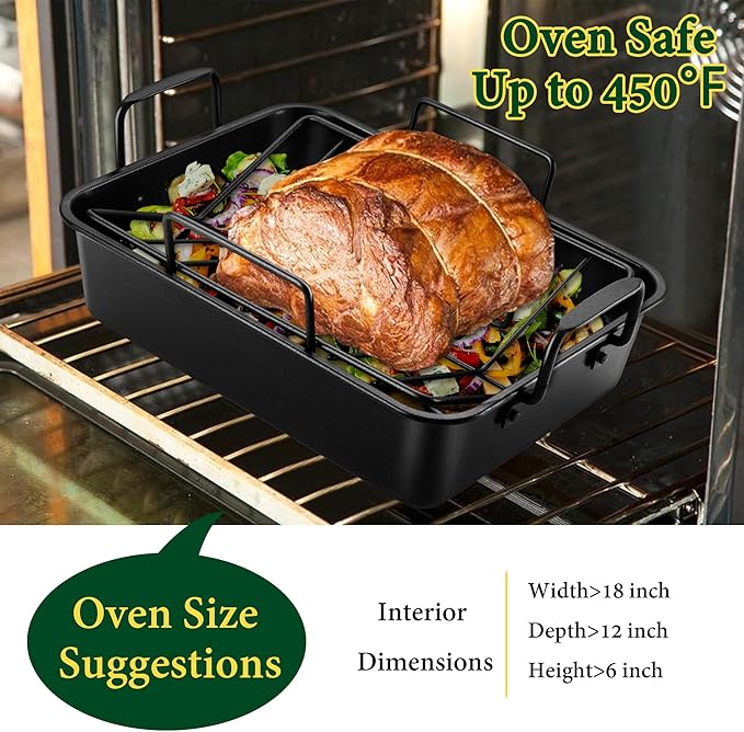 E-far Roasting Pan with Racks, Small Stainless Steel Turkey Roaster with V-Shaped & Cooling Rack for Oven, 14 Inch Nonstick Deep Broiler Pan with Handles for Baking Chicken Lasagna Meat, Heavy Duty