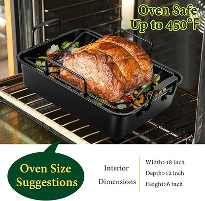 E-far Roasting Pan with Racks, Small Stainless Steel Turkey Roaster with V-Shaped & Cooling Rack for Oven, 14 Inch Nonstick Deep Broiler Pan with Handles for Baking Chicken Lasagna Meat, Heavy Duty