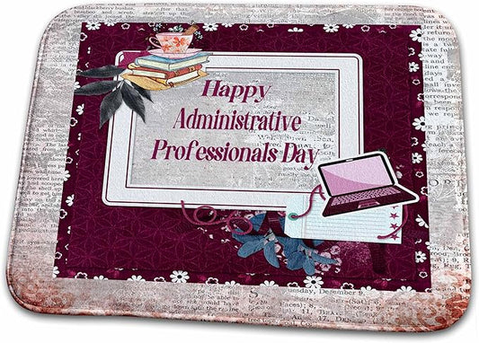 Dish Drying Mat - mage of Administrative Professeionals Day, Laptop, Books Tea Cup. Administrative Professionals Day