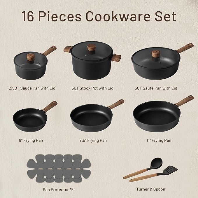CAROTE Nonstick Pots and Pans, Induction Titanium Cookware Set 16pcs Kitchen Cooking Sets, Pot and Pan Non Stick w/Frying pan (PFOS, PFOA Free) - Image 2