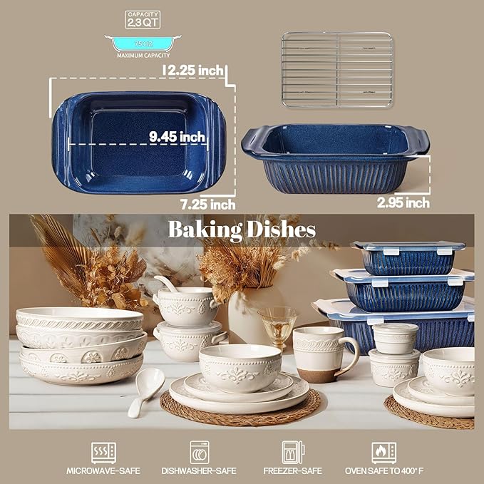 Artena Baking Dish 2.3 Quarts, Casserole Dishes For Oven, Baking Pan With Handles, Lasagna Pan Deep, Large Casserole Dish, Rectangular Ceramic Bakeware, Blue (Baking Dish With Rack) - Image 2