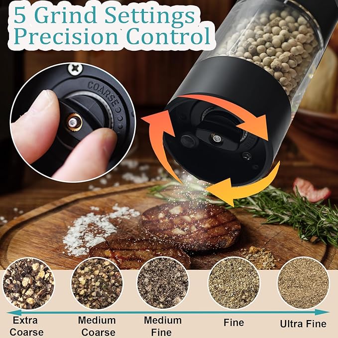Electric Salt and Pepper Grinder Set, Automatic Salt Pepper Mill Grinder with Adjustable Coarseness, One-Button Control, Easy Filling Larger Capacity with Led Light for Home Kitchen Appliances (Black)