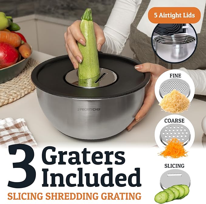 Priority Chef Stainless Steel Mixing Bowls with Lids Set, Metal Nesting Bowls with Airtight Lids, Graters, Non-Slip Base & Measurement Marks, Includes Utensil Set for Prep, Baking & Storage, Black - Image 3