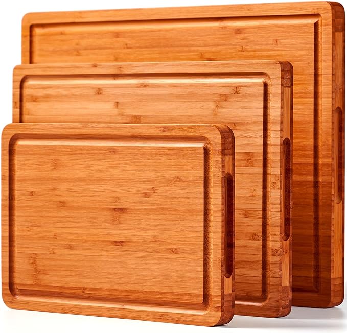 Allsum Carbonized Bamboo Wood Cutting Boards for Kitchen, 1” Thick Wooden Butcher with Juice Grooves and Handles, Cute Cheese Charcuterie Boards as a Gift for Chef, Family, 3 Pack by ALLSUM