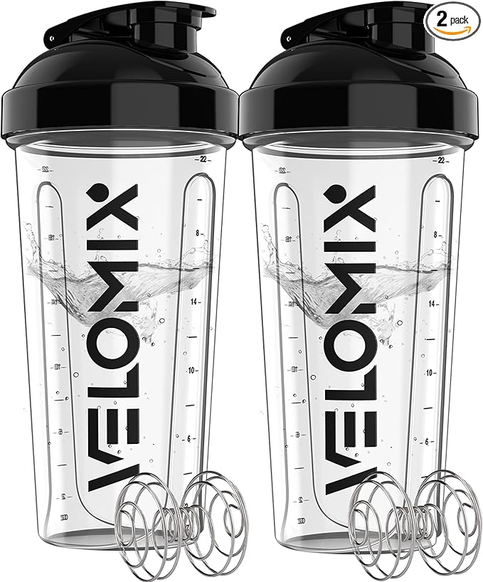 VELOMIX -2 Pack- 28 oz Protein Shaker Bottles for Protein Mixes - 2x Wire Whisk | Leak Proof Shaker Cups for Protein Shakes and Pre Workout | Protein Shaker Bottle Pack (D6) Transparent