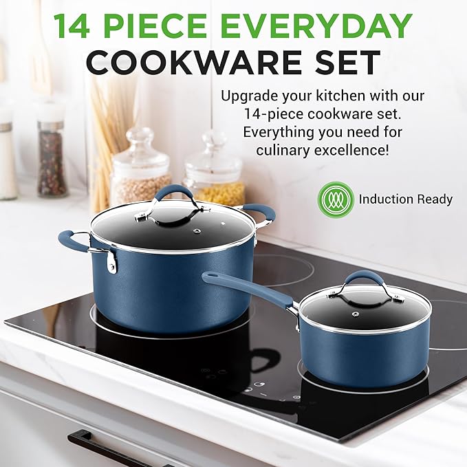 NutriChef 14-Piece Navy Blue Nonstick Cookware Set - Durable Pots and Pans Set with Lids & Utensils, Compatible with All Cooktops - Image 2