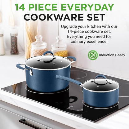 NutriChef 14-Piece Navy Blue Nonstick Cookware Set - Durable Pots and Pans Set with Lids & Utensils, Compatible with All Cooktops - Image 2